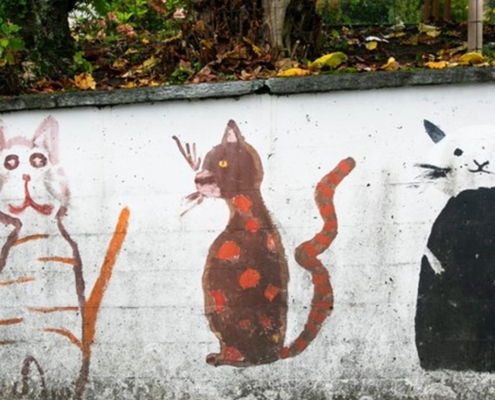 Katzenbilder auf einer Mauer