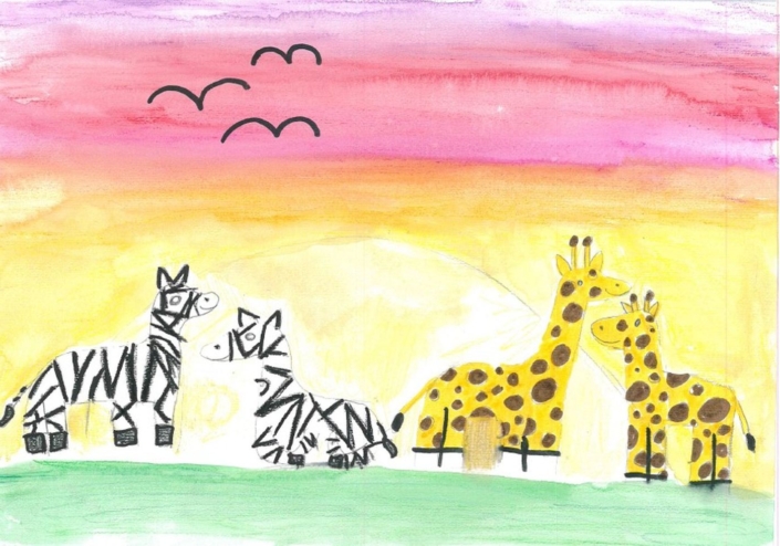 Zeichnung mit zwei Giraffen und zwei Zebras