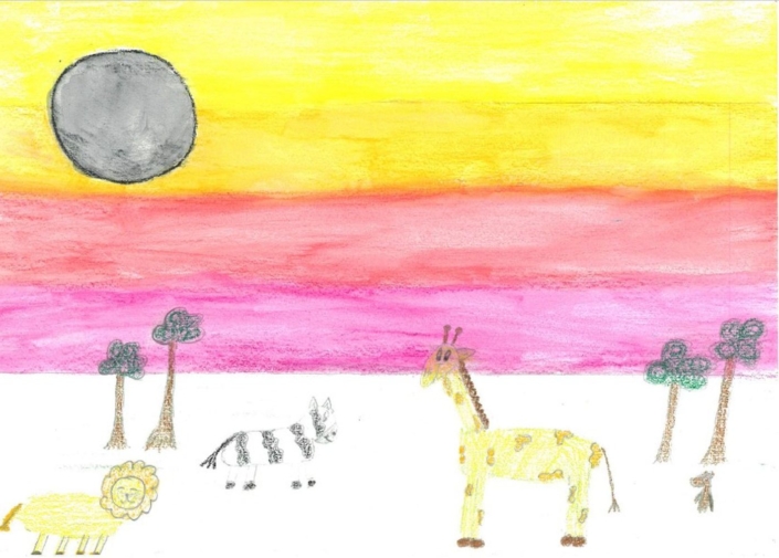 Zeichnung Giraffe, Zebra, Löwe