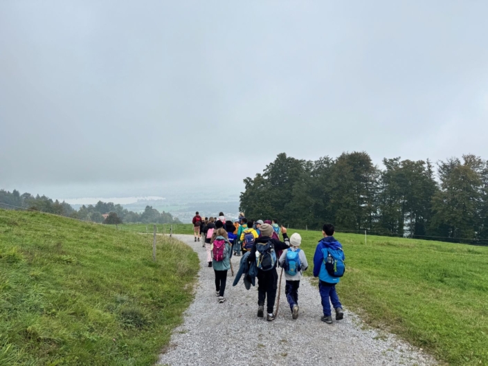 20250210_Wandertag05 Kinder wandern den Berg hinunter