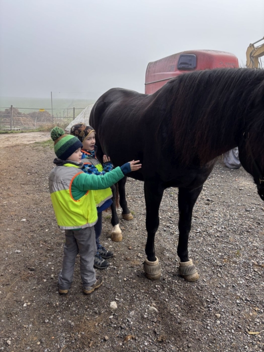 zwei Kinder streicheln ein Pferd